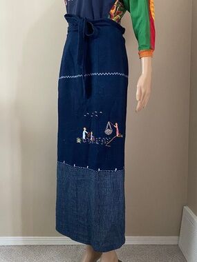 Vintage denim embroidered folk art wrap maxi skirt